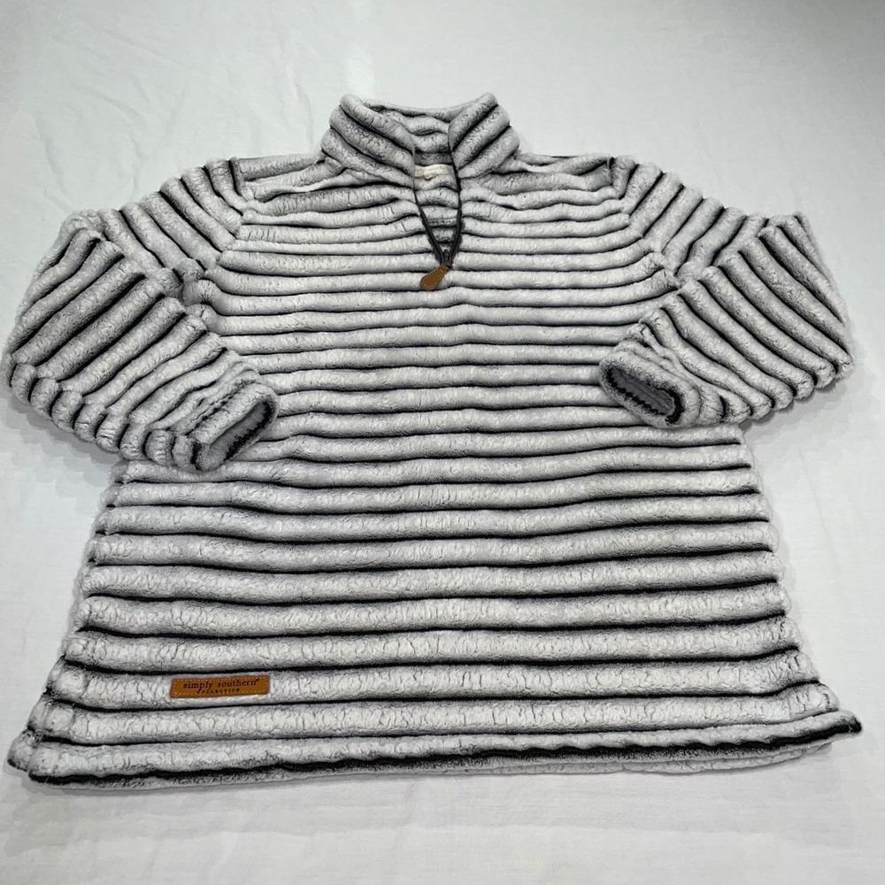 Simply Southern Girls Sherpa Fleece Quarter Zip Pullover Grey Black Stripe YL